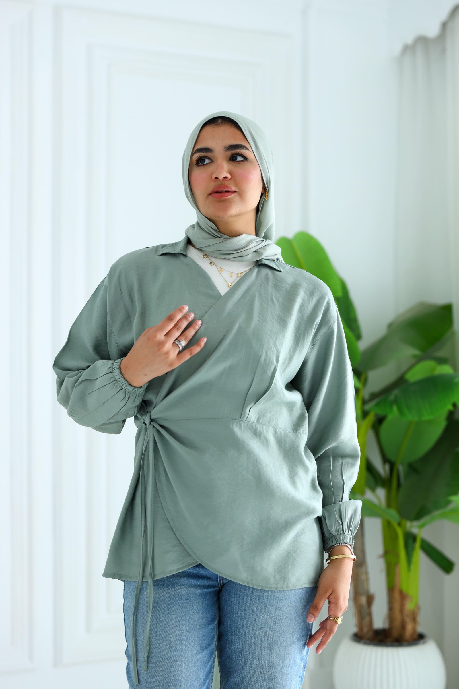 Mint green wrapped blouse