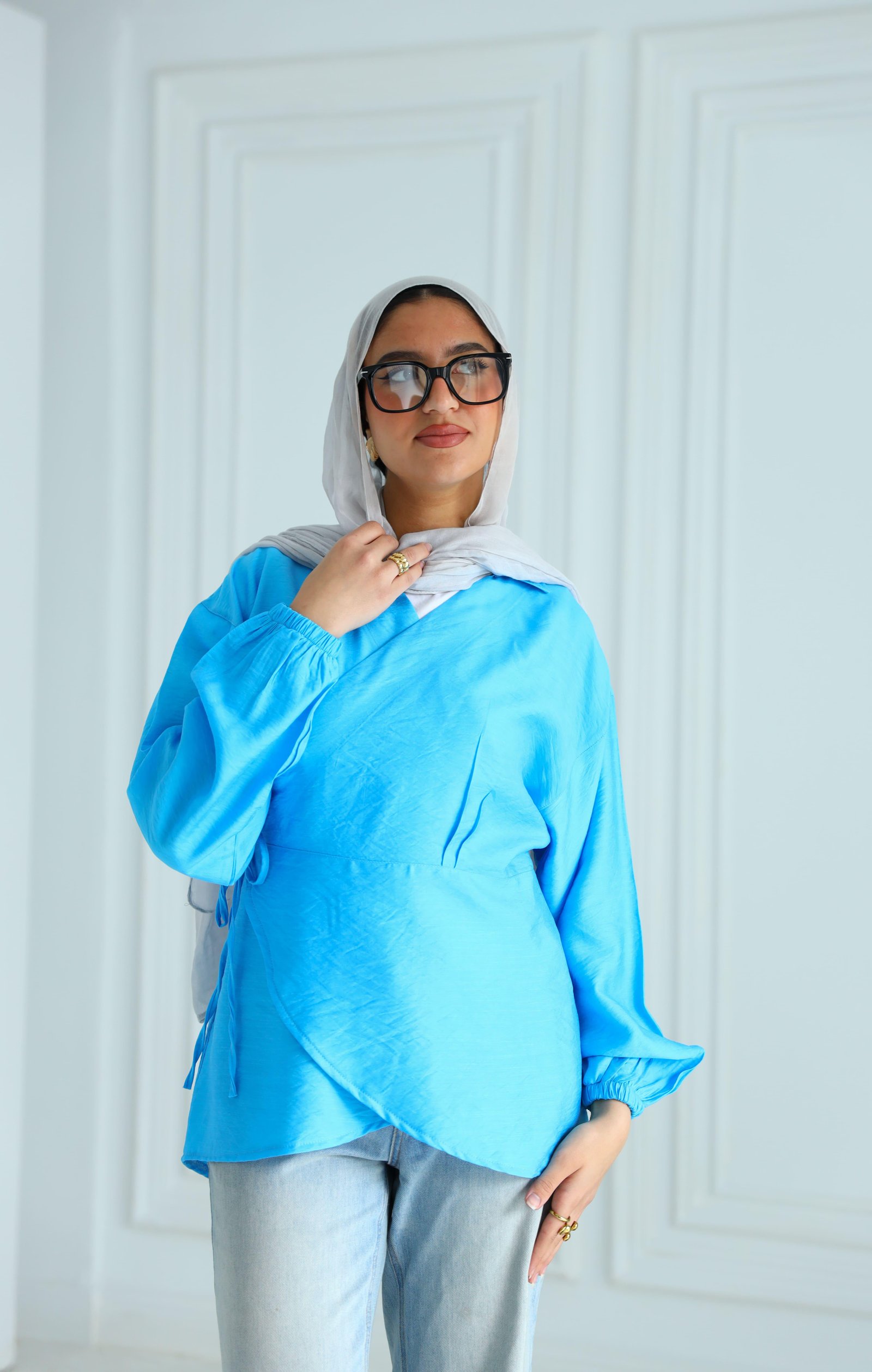 Blue wrapped blouse gallery image