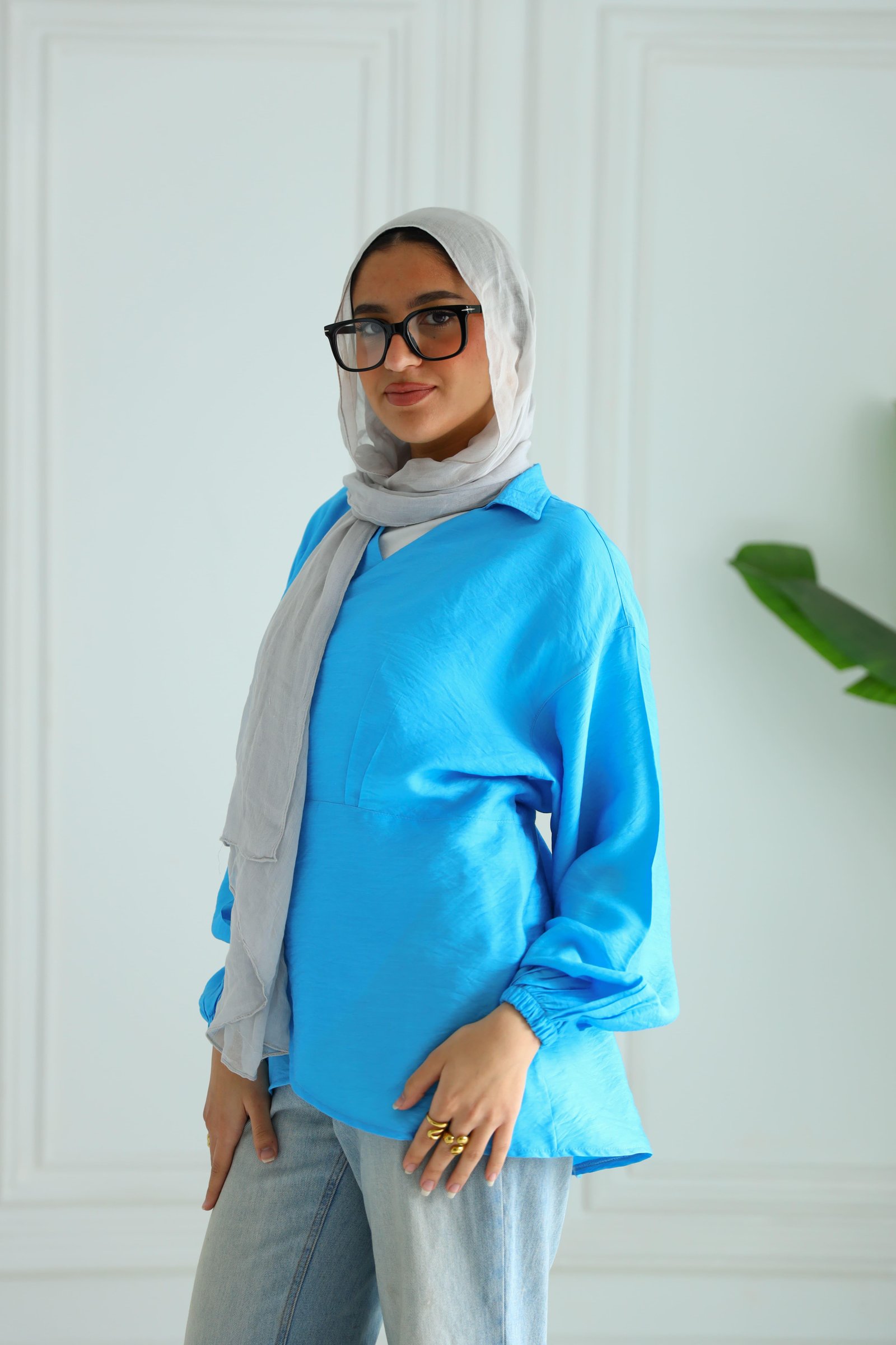 Blue wrapped blouse gallery image